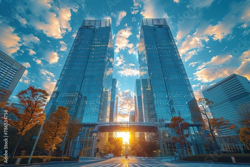 A tall building with glass curtain walls stands on the left, and two buildings stand next to it. © Graph Squad