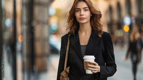 A woman walks to work with a cup of coffee in hand. She is dressed professionally and looks confident. photo