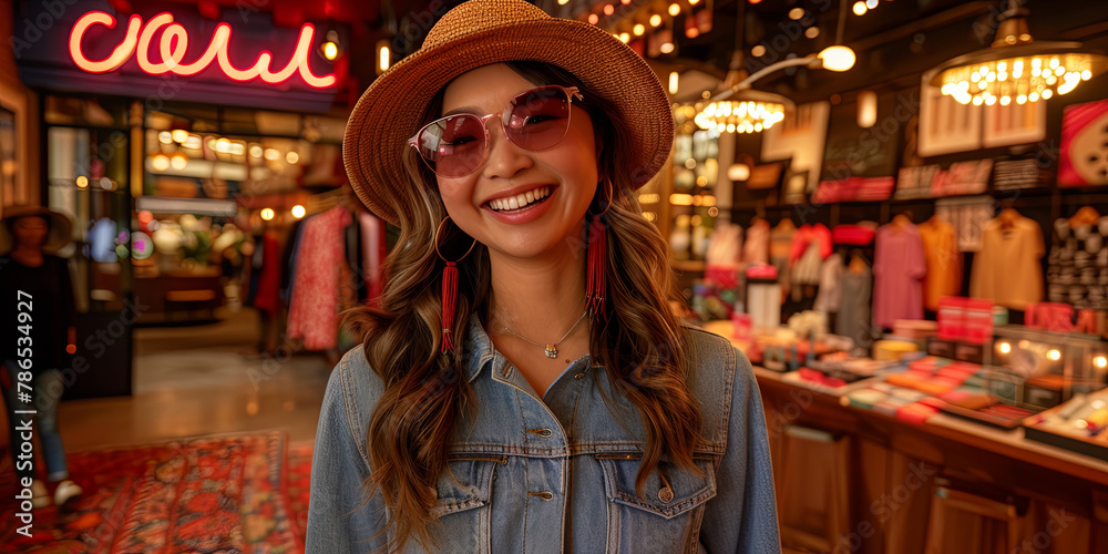 A woman wearing a straw hat and sunglasses is smiling in front of a store