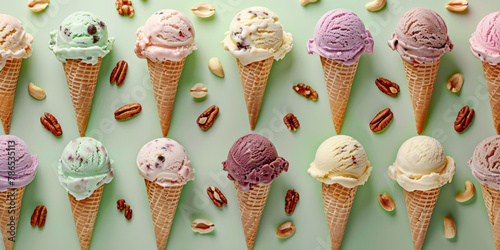 A variety of colorful ice cream cones with different flavors and nuts on alight green background, in a top view.