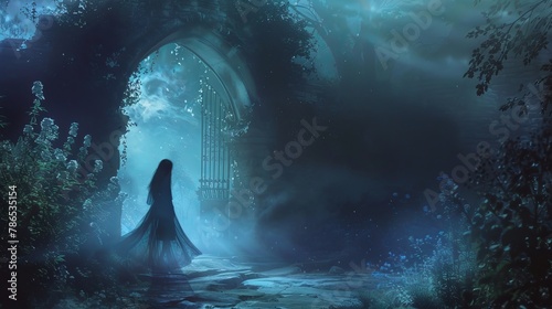 A shadowy figure of a woman strides through a foggy garden, her gown glimmering in the ethereal moonlight. An archway glows with an otherworldly light, beckoning her toward a hidden realm.