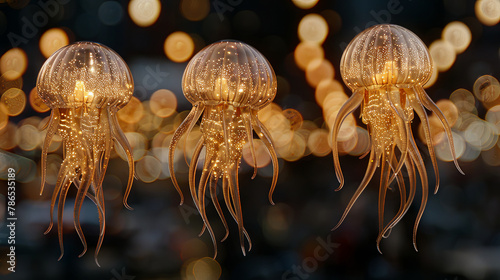 Three glowing jellyfish are suspended in the air, creating a dreamy