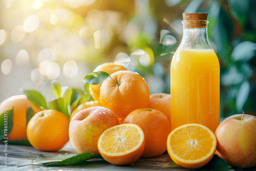 An orange juice in a glass bottle and oranges on a table with a blurred background of a window on a bright sunny day. An orange juice in a glass bottle and oranges on a table with a blurred background of a window on a bright sunny day.