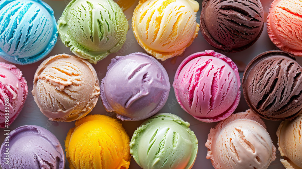 Colorful ice cream balls background, top view of many different colors and flavors of ice cream in cones and ball shapes on flat surface. Colorful ice cream balls background, top view of many different colors and flavors of ice cream in cones and ball shapes on flat surface.