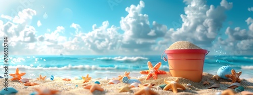 Craft a photorealistic digital rendering of a panoramic view Beach bucket clipart filled with an array of vivid sand toys standing out against the sandy beach backdrop