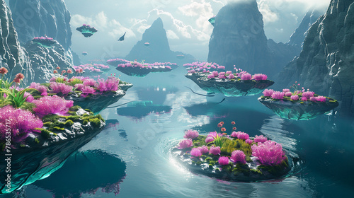 Alien Planet Landscape with Floating Islands and Bioluminescent Plants in 3D #786535717