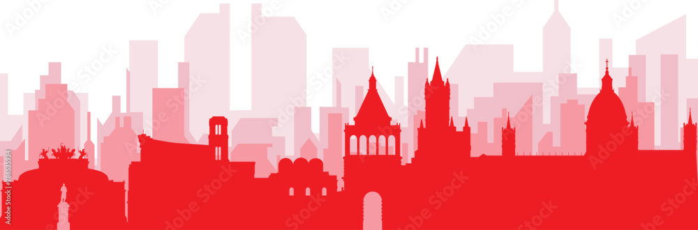 Red panoramic city skyline poster with reddish misty transparent background buildings of PALERMO, ITALY