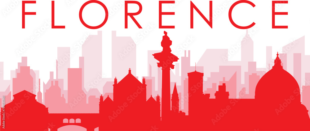 Red panoramic city skyline poster with reddish misty transparent background buildings of FLORENCE (FIRENZE), ITALY