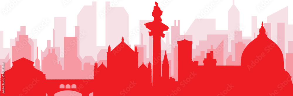 Red panoramic city skyline poster with reddish misty transparent background buildings of FLORENCE (FIRENZE), ITALY