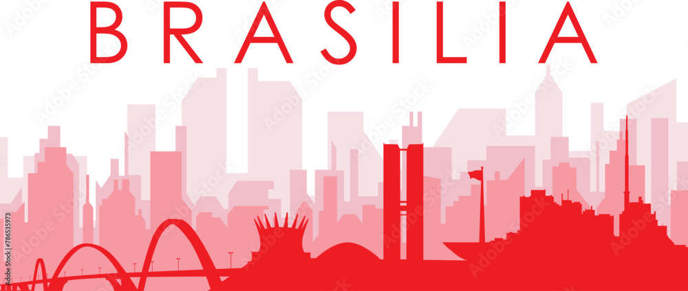 Red panoramic city skyline poster with reddish misty transparent background buildings of BRASÍLIA, BRAZIL