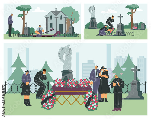 Funeral cemetery ceremony vector illustrations set, grave with sad people standing around coffin, Priest burial service