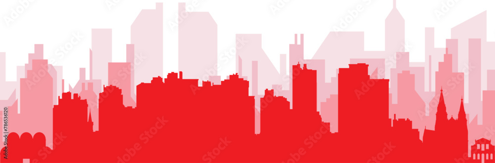 Red panoramic city skyline poster with reddish misty transparent background buildings of CURITIBA, BRAZIL