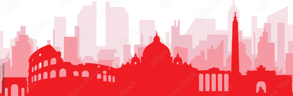 Red panoramic city skyline poster with reddish misty transparent background buildings of ROME (ROMA), ITALY
