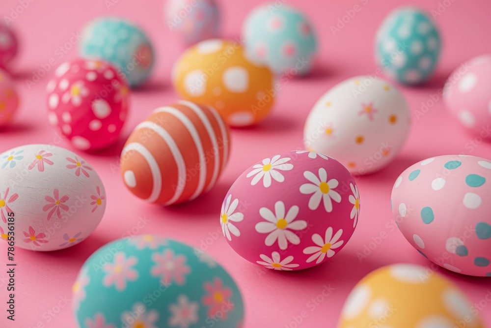 Multi-colored Easter eggs with beautiful patterns on a pink background. Concept: Christian Easter, holiday
