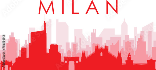Red panoramic city skyline poster with reddish misty transparent background buildings of MILAN  MILANO   ITALY