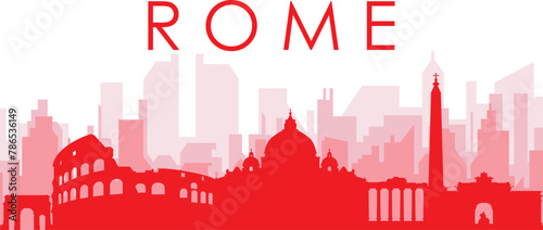 Red panoramic city skyline poster with reddish misty transparent background buildings of ROME (ROMA), ITALY