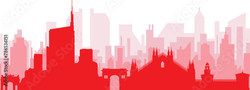 Red panoramic city skyline poster with reddish misty transparent background buildings of MILAN (MILANO), ITALY