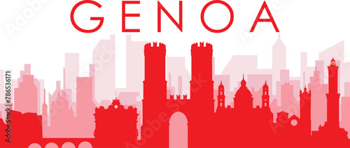 Red panoramic city skyline poster with reddish misty transparent background buildings of GENOA  GENOVA   ITALY