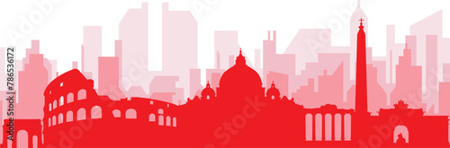 Red panoramic city skyline poster with reddish misty transparent background buildings of ROME (ROMA), ITALY