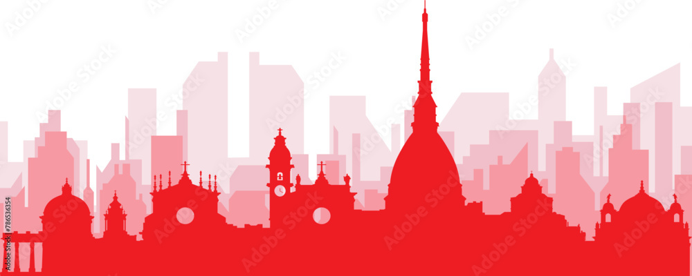 Obraz premium Red panoramic city skyline poster with reddish misty transparent background buildings of TURIN (TORINO), ITALY