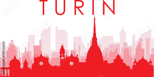 Red panoramic city skyline poster with reddish misty transparent background buildings of TURIN (TORINO), ITALY