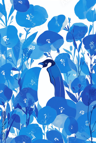 pinguim e flores azuis - Ilustração photo