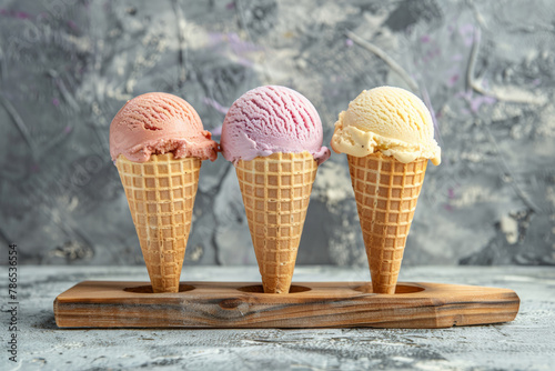 ice cream cones with different flavors on a wooden stand over a grey background, in a front view.