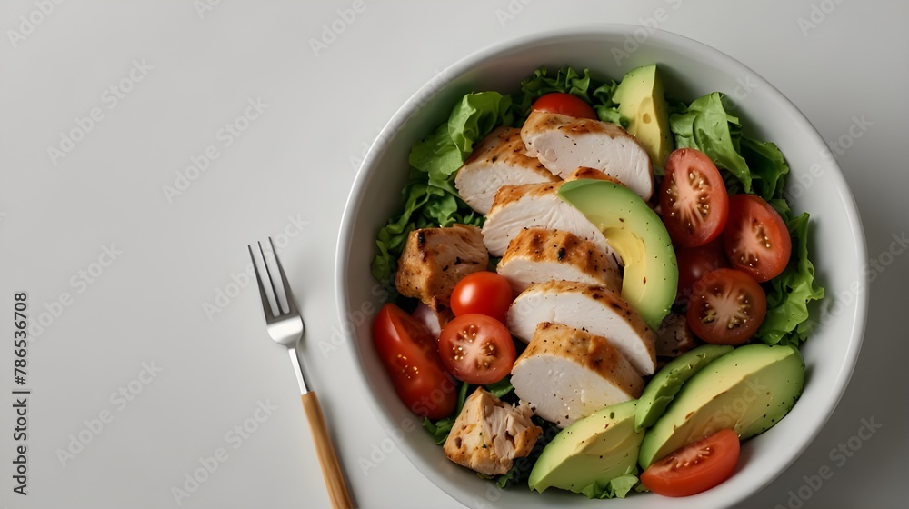 a group of A delicious and nutritious salad bowl that is high in protein and contains chicken, avocado, and tomato. Dinner is a nutritious food that is displayed on a clear or white background. a group of A delicious and nutritious salad bowl that is high in protein and contains chicken, avocado, and tomato. Dinner is a nutritious food that is displayed on a clear or white background.