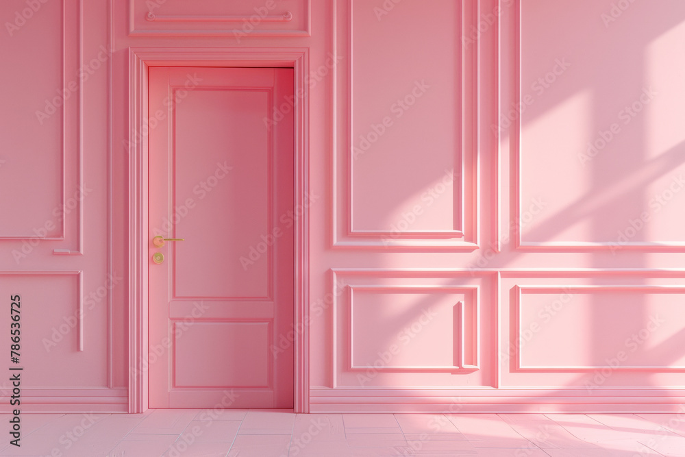 Light peach door opening on a pink wall background, minimal concept, copy space for text, banner design Light peach door opening on a pink wall background, minimal concept, copy space for text, banner design
