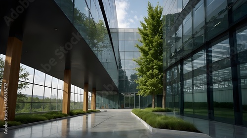 sustainable and ecologically friendly building. Eco-friendly building. A glass office building that is environmentally friendly and features a tree to offset carbon emissions. The office is surrounded photo