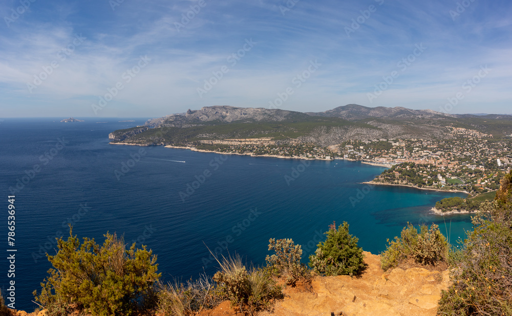 Birdseye view of Cassis and surroundings from hiking viewpoint in France.