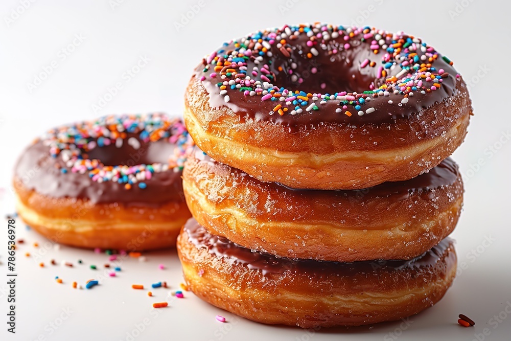 Multiple donuts stacked on top of each other with a white background. Multiple donuts stacked on top of each other with a white background.