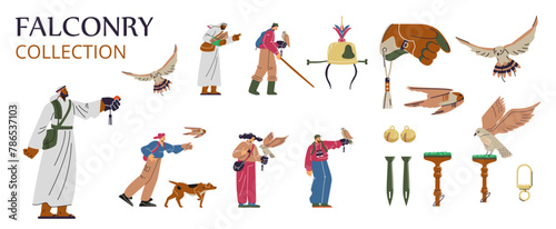 Set of vector falconry equipment for training birds: block perch, field jess, gauntlet, hood, people, Arab falconers