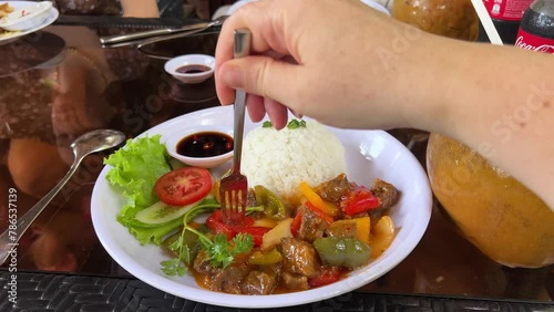 Wallpaper Mural Pineapple and Chicken in sweet and sour sauce with bell pepper, rice and spring onion. Rice with vegetables in sweet sauce Torontodigital.ca