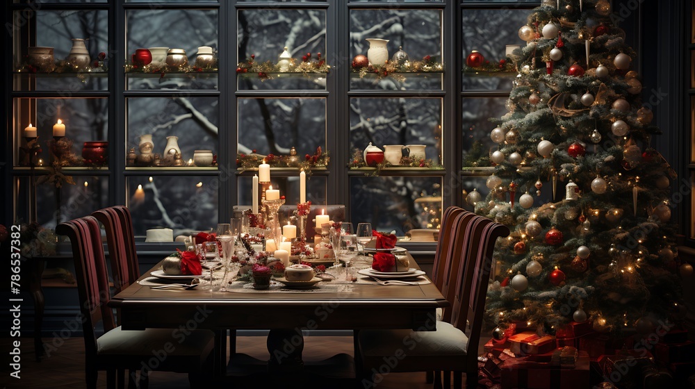 Dining Room With Christmas Tree Ornaments Gift Boxes And Christmas Table Setting At Night 