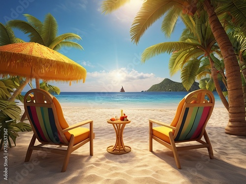 Free Photo Beautiful summer tropical beach 3d concept chair umbrella and summer element New background  © Graphic Leading 