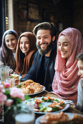 Islamic family celebrating Eid al-Adha around a festive table with traditional dishes.