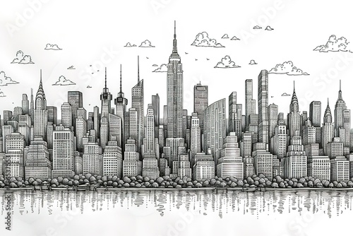 line art drawing of city skyline, simple line drawings coloring book page for adults with clean lines and a white background