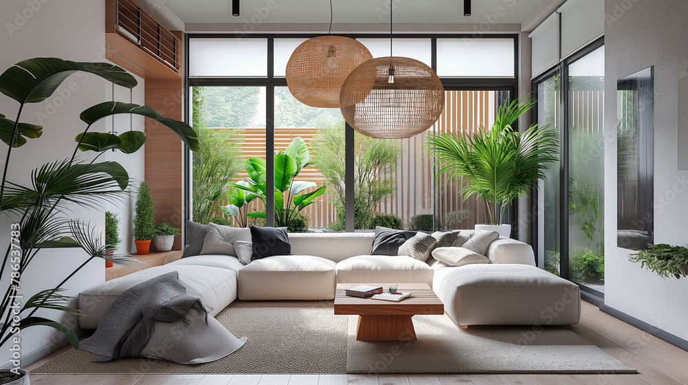 Fototapeta premium Luxury and modern living room with natural light and green plants