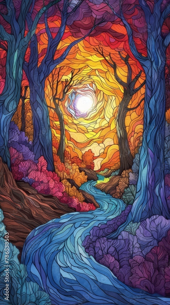 Fairy Tales: A coloring book illustration of a magical portal with swirling colors