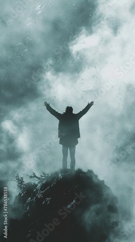 Worshipper silhouetted against a celestial backdrop arms raised high above misty mountaintops