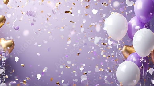 Colorful background with lilac and white balloons and party confetti - festive illustration for your graphic projects, vector, photorealism, 3 d render, Florianne Weskegvector  photo
