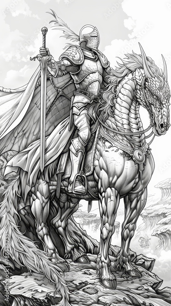 Naklejka premium Fantasy: A coloring book image of a brave knight in shining armor