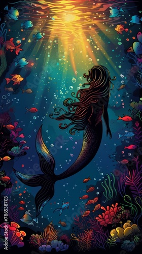 Fantasy: A coloring book illustration of a magical mermaid swimming gracefully in the depths of the ocean
