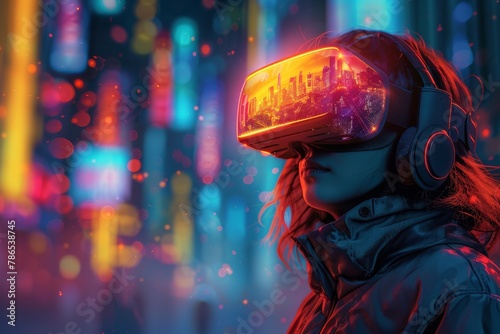 A woman immersed in a neon lit virtual reality setting wearing VR equipment © Dacha AI