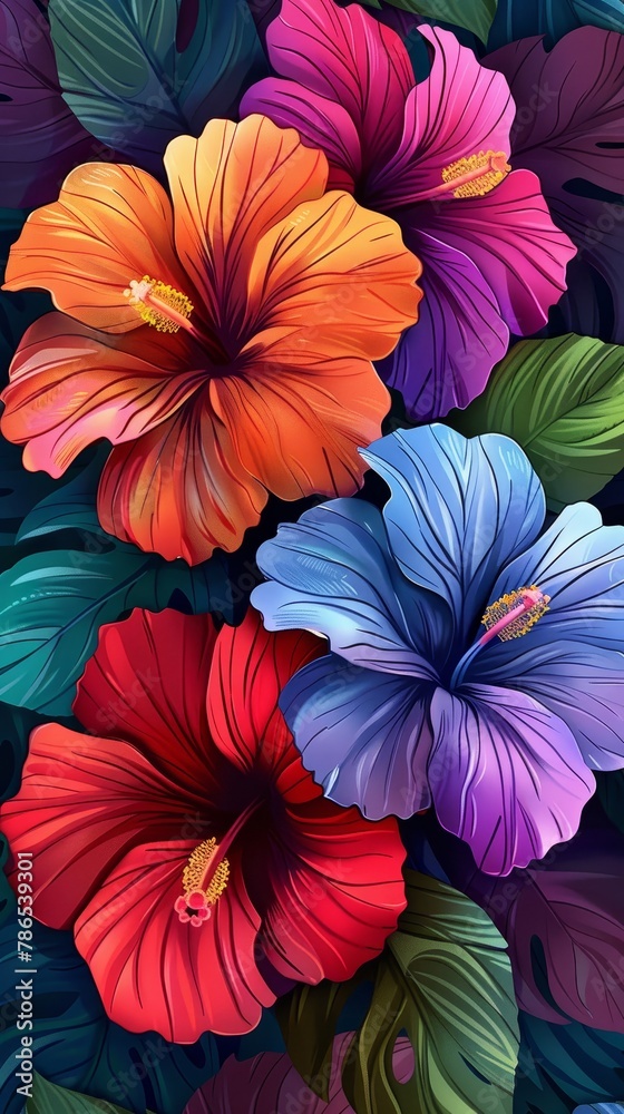 Flowers: A cluster of hibiscus flowers with their bold, tropical colors