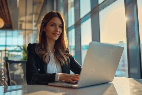 A young, cheerful, and successful businesswoman is diligently working with her laptop in a corporate office, radiating positivity and determination in her professional environment