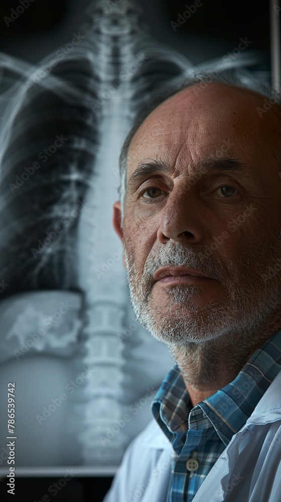 A doctor examining a penumothorax x-ray in the background. Close-up of an expressive doctor who reflects concentration and professionalism in the diagnosis and treatment of the patient. A doctor examining a penumothorax x-ray in the background. Close-up of an expressive doctor who reflects concentration and professionalism in the diagnosis and treatment of the patient.