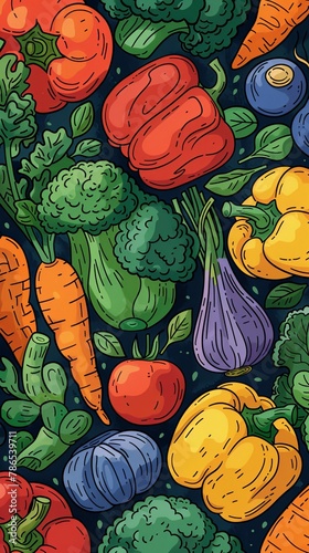 Food  A coloring book page showcasing different types of vegetables  such as carrots  broccoli  tomatoes  and peppers