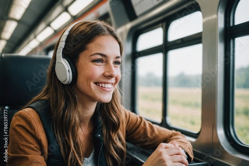 Smiling Young woman listening music in train © ThomasLENNE